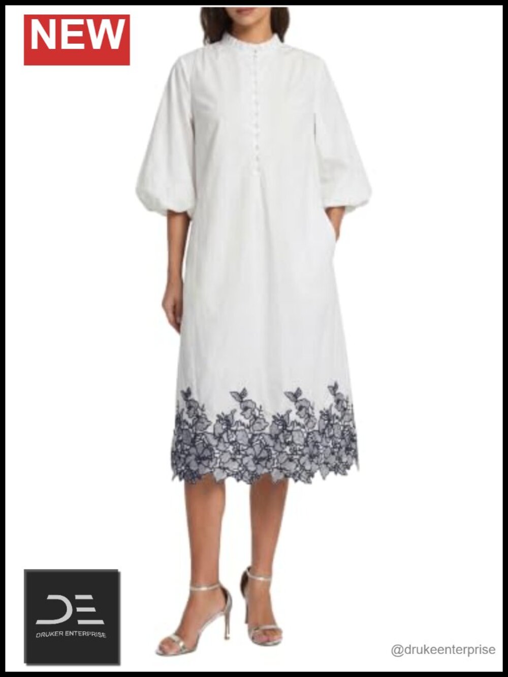 100% Cotton Embroidered Midi Dress 3/4 Sleeve V Neck Button Up with Pockets